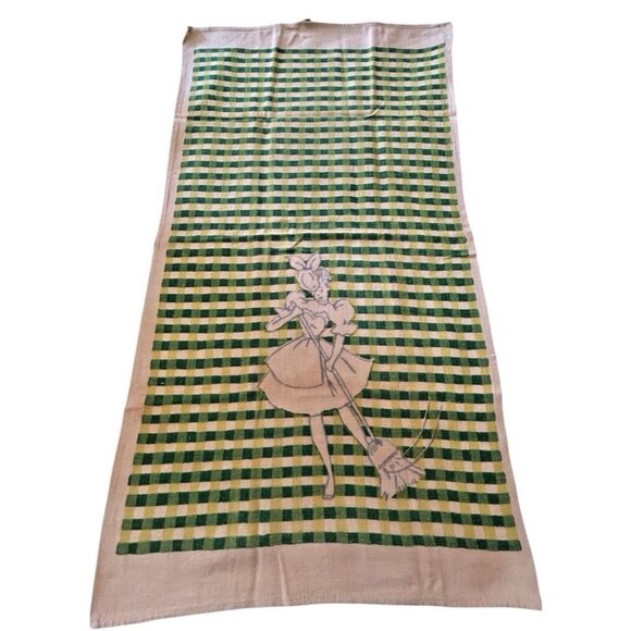 Vintage STARTEX Kitchen Towel MCM Whimsical Housewife Green Yellow Checker - Picture 2 of 8
